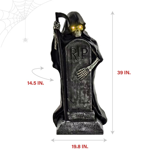 Haunted Hill Farm - 39-in. Grim Reaper Holding Sickle Statue with LED Eyes - Black
