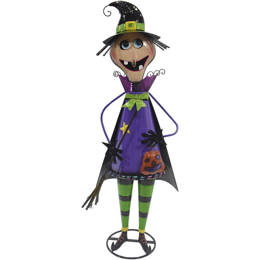 Haunted Hill Farm - 42-In. Iron Witch Holding a Jack-O-Lantern with Removable Yard Stake for Indoor or Outdoor Halloween Decoration - Multi