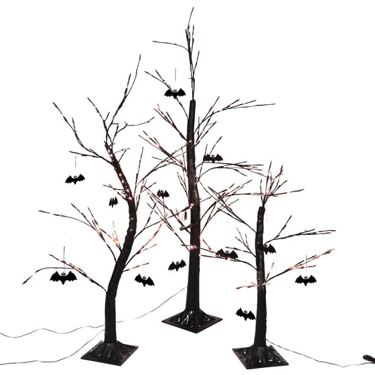 Haunted Hill Farm - Set of 3 Halloween Trees with Bats and Orange LED Lights, 3-ft., 4-ft., and 5-ft. - Orange, Purple