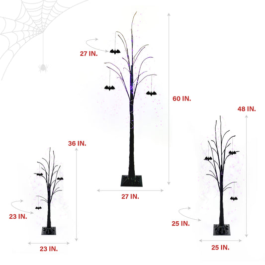 Haunted Hill Farm - Set of 3 Halloween Trees with Bats and Purple LED Lights, 3-ft., 4-ft., and 5-ft. - Black, Purple