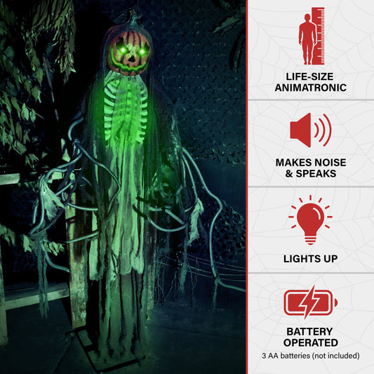 Haunted Hill Farm - Lifesize Animatronic Pumpkin Man with Lights and Sound, Indoor/Covered Outdoor Halloween Decoration - Multi