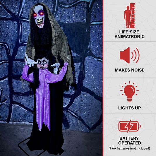 Haunted Hill Farm - Lifesize Animatronic Vampire Lady with Baby with Lights and Sound, Indoor/Covered Outdoor Halloween Decoration - Multi