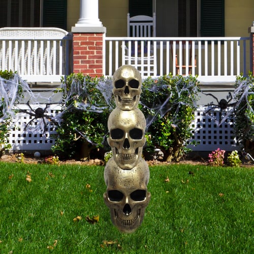 Haunted Hill Farm - 3-Ft. Golden Skull Stack Prelit LED Resin Figurine, Indoor or Covered Outdoor Halloween Decoration, Plug-In - Gold