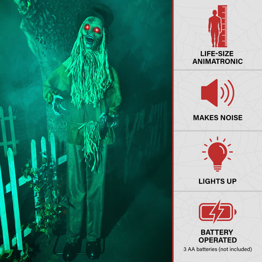 Haunted Hill Farm - Lifesize Animatronic Haunted Scarecrow with Lights and Sound, Indoor/Covered Outdoor Halloween Decoration - Multi