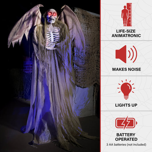 Haunted Hill Farm - Lifesize Animatronic Reaper with Wings with Lights and Sound, Indoor/Covered Outdoor Halloween Decoration - Multi
