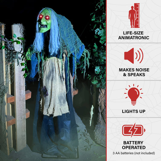 Haunted Hill Farm - Lifesize Animatronic Witch with Lights and Sound, Indoor/Covered Outdoor Halloween Decoration - Multi