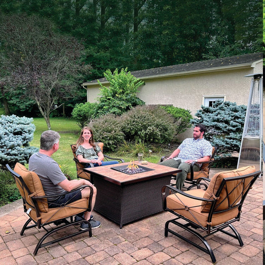 Hanover - Summer Nights 5 piece Fire Pit: 4 cushion rockers, woven fire pit with tile top - SUMMR5PCWVFP-TL