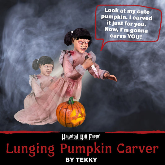 Haunted Hill Farm - Lunging Pumpkin Carver Zombie Girl with Jack O'Lantern by Tekky, Premium Talking Halloween Animatronic, Plug-In or Battery