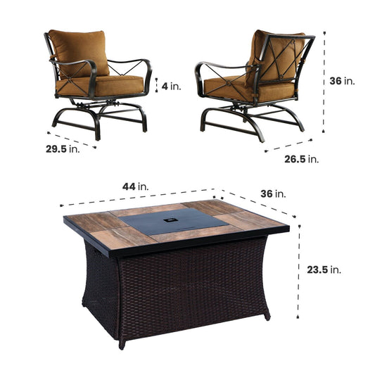 Hanover - Summer Nights 5 piece: 4 cushion rockers, woven fire pit with wood tile top - SUMMR5PCWVFP-WG