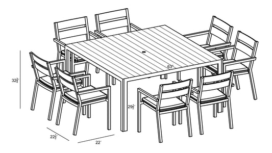 Harmonia Living - Pacifica Classic 8 Seat Square Dining Set - Black | PAC-BK-SET561