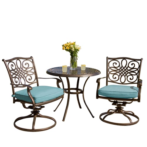 Cambridge - Seasons 3pc Dining Set:32"Cast Round Table, 2 Chair Rockers, blue cushions - Aluminum/Blue