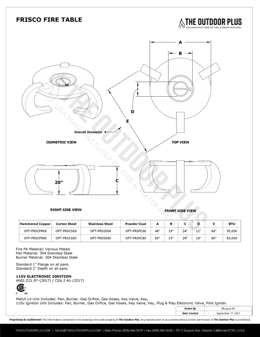 The Outdoor Plus Fire Table 68 / Match Lit The Outdoor Plus | Frisco Powder Coated Fire Pit | OPT-FRSPC68