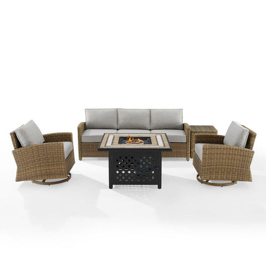 Crosley Furniture - Bradenton 5Pc Swivel Rocker And Sofa Set W/Fire Table Gray/Weathered Brown - Tucson Fire Table, Sofa, Side Table, & 2 Swivel Rockers