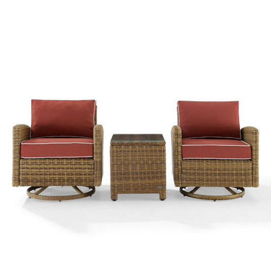Crosley Furniture - Bradenton 3Pc Outdoor Wicker Swivel Rocker Chair Set Sangria/Weathered Brown - Side Table & 2 Swivel Rockers