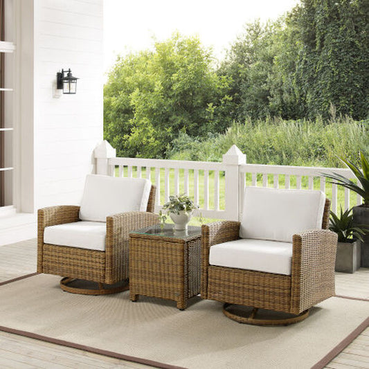 Crosley Furniture - Bradenton 3Pc Swivel Rocker Chair Set - Sunbrella White/Weathered Brown - Side Table & 2 Swivel Rockers