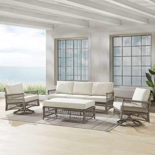 Crosley Furniture - Thatcher 4Pc Outdoor Wicker Swivel Rocker And Sofa Set Creme/Driftwood - Coffee Table Ottoman, Sofa, & 2 Swivel Rockers