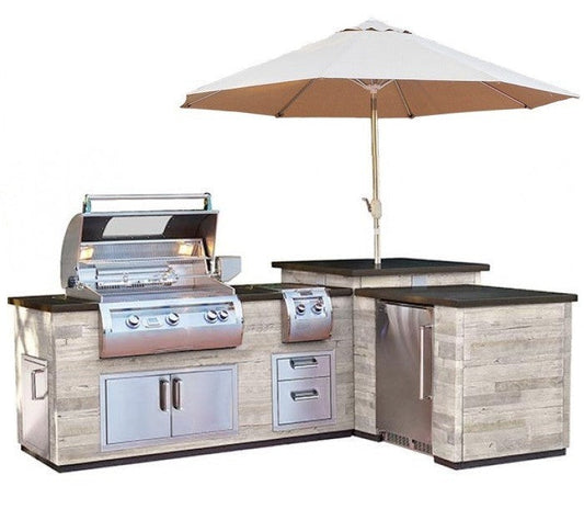 Fire Magic - L-Shaped "Reclaimed Wood" Island - "Reclaimed Wood" Base w/ Polished Black Lava Counter | IL660-SPR-116BA * APPLIANCES SOLD SEPARATELY *
