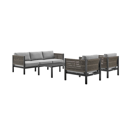 Armen Living - Cuffay 4 Piece Outdoor Patio Furniture Set in Aluminum and Rope with Cushions - 840254332447