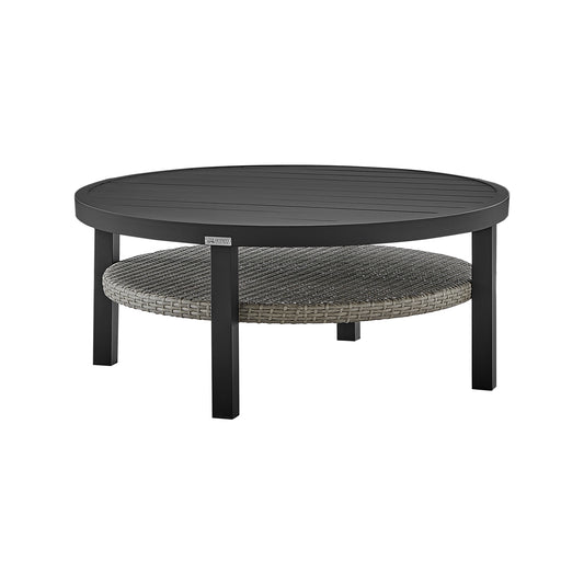 Armen Living - Aileen Outdoor Patio Round Coffee Table in Black Aluminum with Grey Wicker Shelf - 840254332508