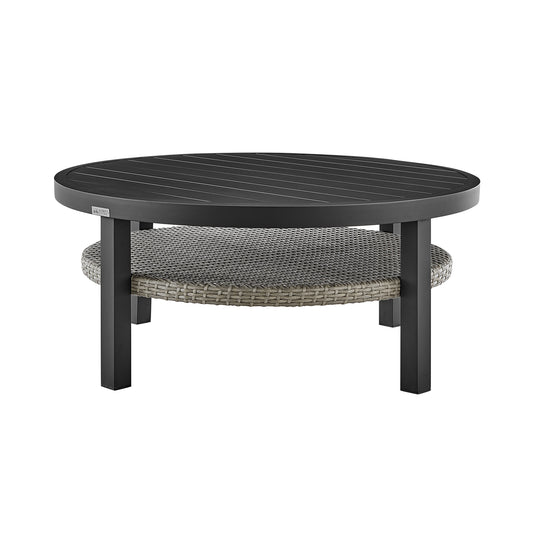 Armen Living - Aileen Outdoor Patio Round Coffee Table in Black Aluminum with Grey Wicker Shelf - 840254332508
