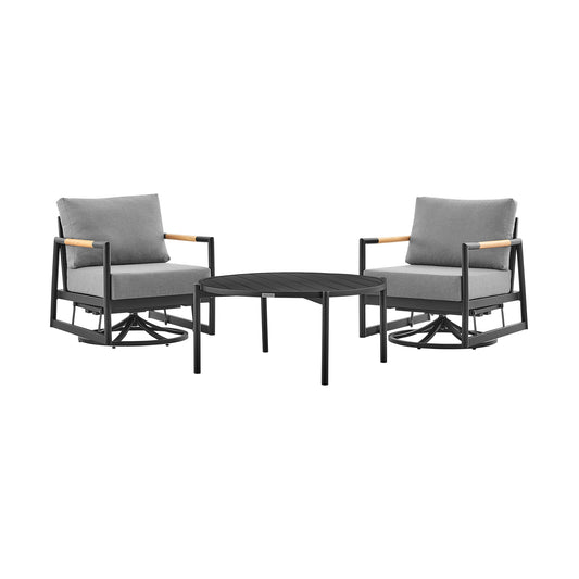 Armen Living - Royal and Tiffany 3 Piece Outdoor Patio Swivel Seating Set in Black Aluminum with Teak Wood and Grey Cushions - 840254332614