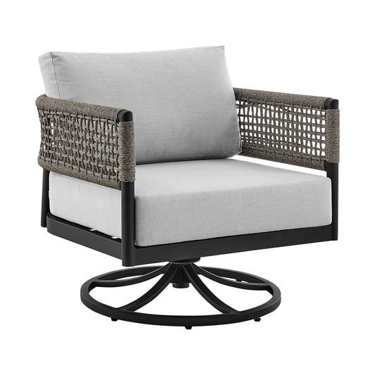 Armen Living - Felicia and Argiope 3 Piece Patio Outdoor Swivel Seating Set in Black Aluminum with Grey Rope and Cushions - 840254332621