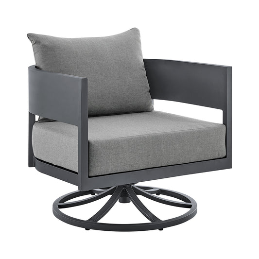 Armen Living - Argiope 3 Piece Patio Outdoor Swivel Seating Set in Dark Grey Aluminum with Grey Cushions - 840254332638