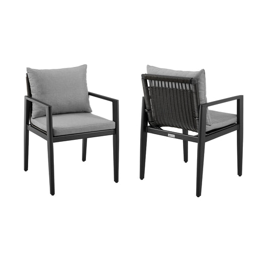 Armen Living - Grand Outdoor Patio Dining Chairs with Arms in Aluminum with Grey Cushions - Set of 2 - 840254332683