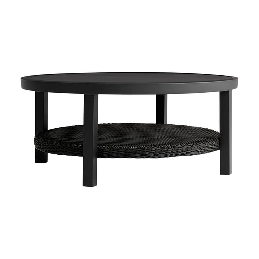 Armen Living - Grand Black Aluminum Outdoor Round Conversation Table with Wicker Shelf - 840254332744