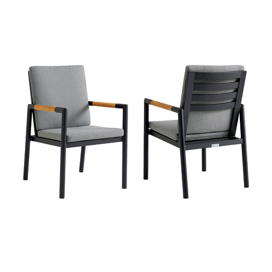 Armen Living - Royal Black Aluminum and Teak Outdoor Dining Chair with Dark Gray Fabric - Set of 2 - 840254332782