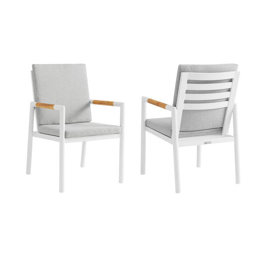 Armen Living - Royal White Aluminum and Teak Outdoor Dining Chair with Light Gray Fabric - Set of 2 - 840254332799