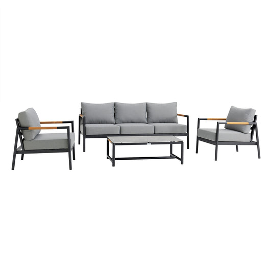 Armen Living - Royal 4 Piece Black Aluminum and Teak Outdoor Seating Set with Dark Gray Cushions - 840254332829