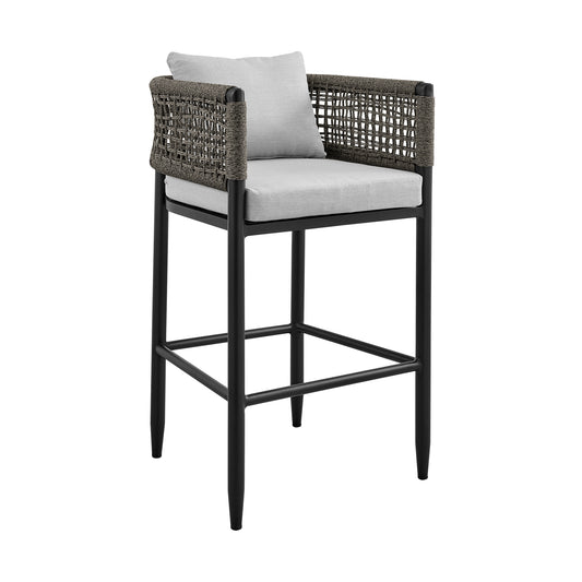 Armen Living - Felicia Outdoor Patio Counter or Bar Height Bar Stool in Aluminum with Grey Rope and Cushions - 840254333109