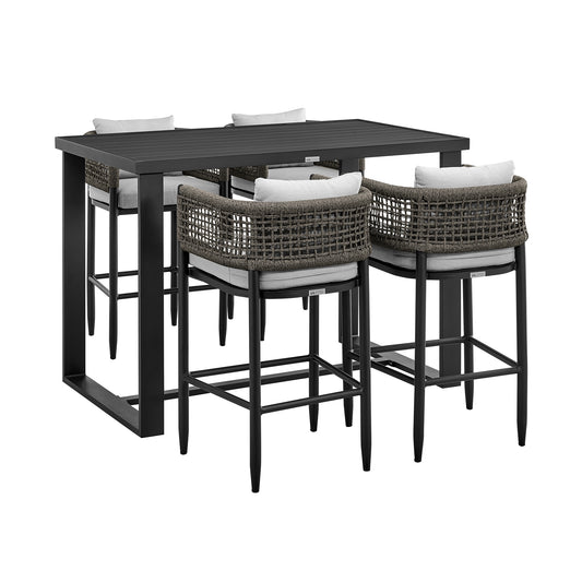 Armen Living - Felicia Outdoor Patio 5-Piece Bar Table Set in Aluminum with Grey Rope and Cushions - 840254333130