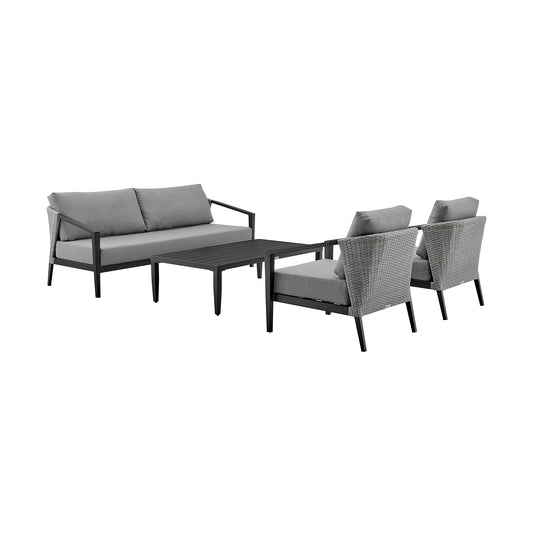 Armen Living - Aileen Outdoor Patio 4-Piece Lounge Set in Aluminum and Wicker with Grey Cushions - 840254333239
