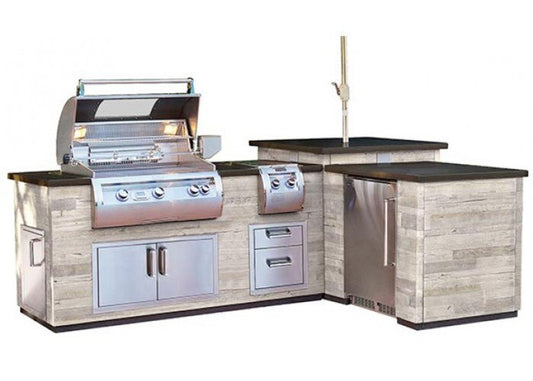 Fire Magic - L-Shaped Island With Refrigerator Cut-Out - Silver Pine - IL660-SPK-116BA * APPLIANCES SOLD SEPARATELY *