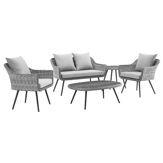 Modway - Endeavor 5 Piece Outdoor Patio Wicker Rattan Loveseat Armchair Coffee + Side Table Set - EEI-3178