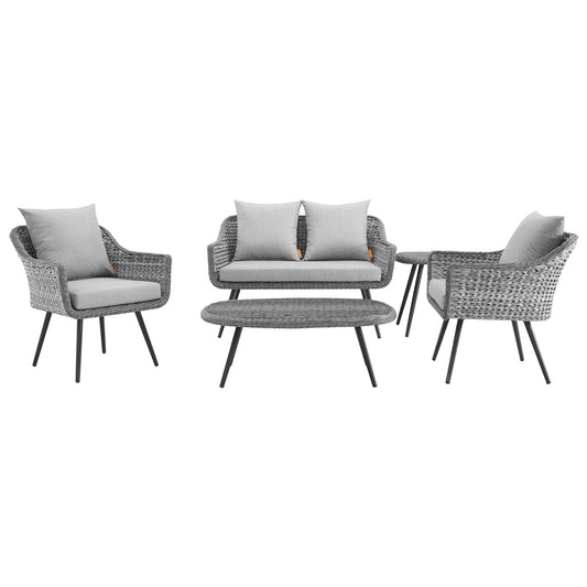 Modway - Endeavor 5 Piece Outdoor Patio Wicker Rattan Loveseat Armchair Coffee + Side Table Set - EEI-3178