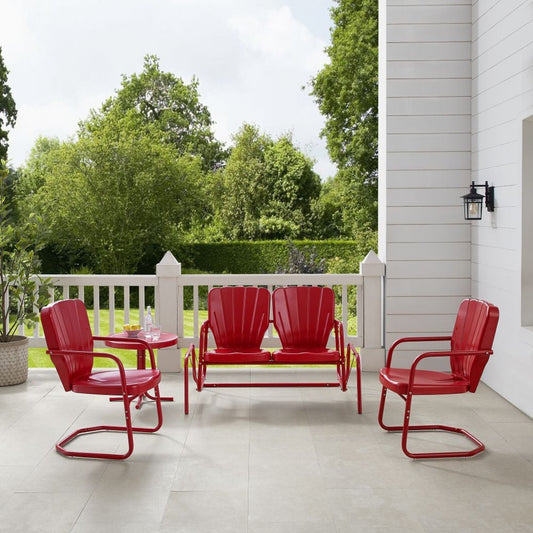 Crosley Furniture - Ridgeland 4 Pc Outdoor Metal Conversation Set Bright Red Gloss - Loveseat Glider, Side Table, & 2 Armchairs