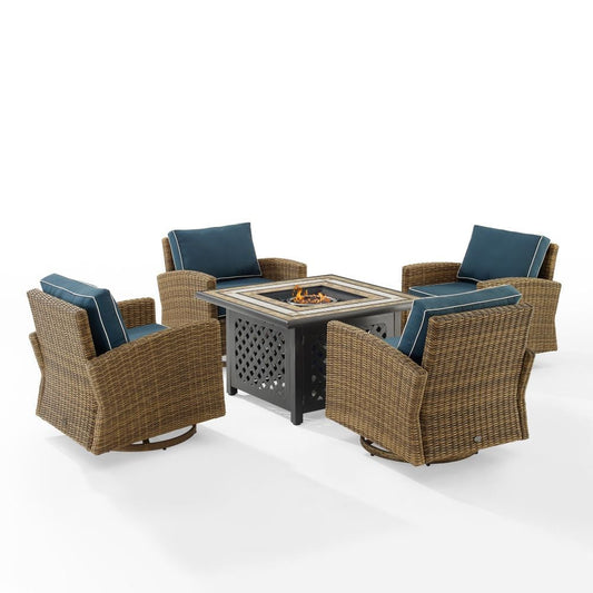 Crosley Furniture - Bradenton 5Pc Swivel Rocker Conversation Set W/Fire Table Navy/Weathered Brown - Tucson Fire Table & 4 Swivel Rockers