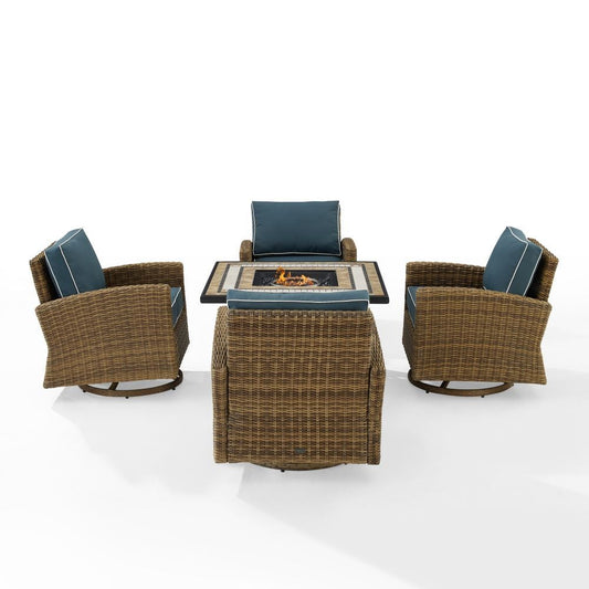 Crosley Furniture - Bradenton 5Pc Swivel Rocker Conversation Set W/Fire Table Navy/Weathered Brown - Tucson Fire Table & 4 Swivel Rockers