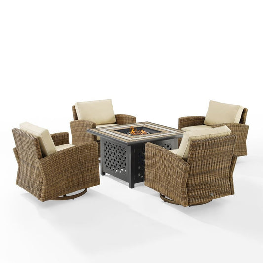Crosley Furniture - Bradenton 5Pc Swivel Rocker Conversation Set W/Fire Table Sand/Weathered Brown - Tucson Fire Table & 4 Swivel Rockers