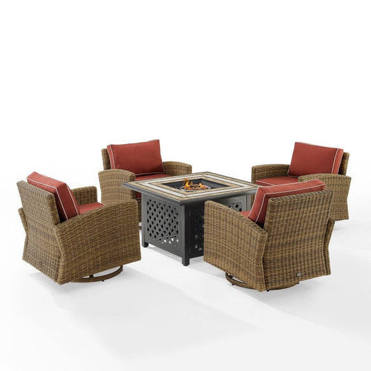 Crosley Furniture - Bradenton 5Pc Swivel Rocker Conversation Set W/Fire Table Sangria/Weathered Brown - Tucson Fire Table & 4 Swivel Rockers