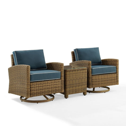 Crosley Furniture - Bradenton 3Pc Outdoor Wicker Swivel Rocker Chair Set Navy/Weathered Brown - Side Table & 2 Swivel Rockers