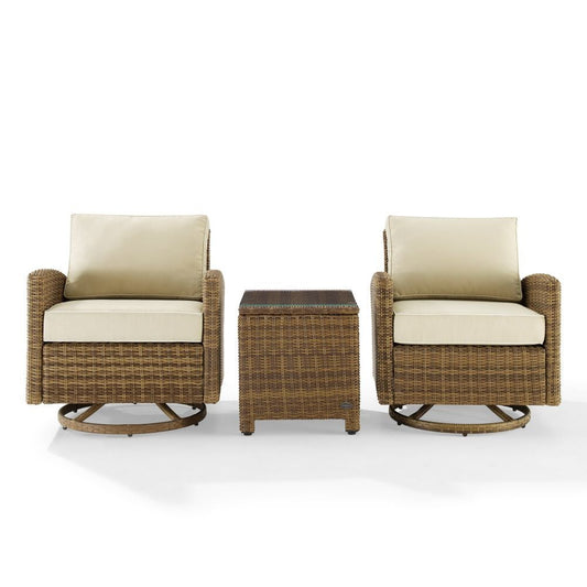 Crosley Furniture - Bradenton 3Pc Outdoor Wicker Swivel Rocker Chair Set Sand/Weathered Brown - Side Table & 2 Swivel Rockers
