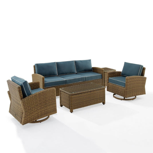 Crosley Furniture - Bradenton 5Pc Swivel Rocker And Sofa Set Navy/Weathered Brown - Sofa, Coffee Table, Side Table, & 2 Swivel Rockers