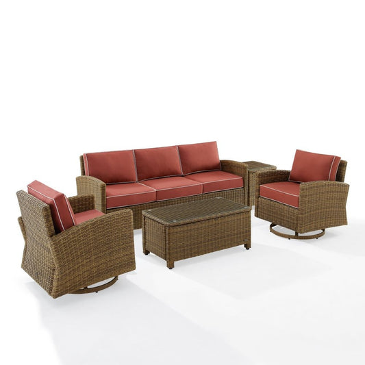 Crosley Furniture - Bradenton 5 Pc Swivel Rocker And Sofa Set Sangria/Weathered Brown - Sofa, Coffee Table, Side Table, & 2 Swivel Rockers