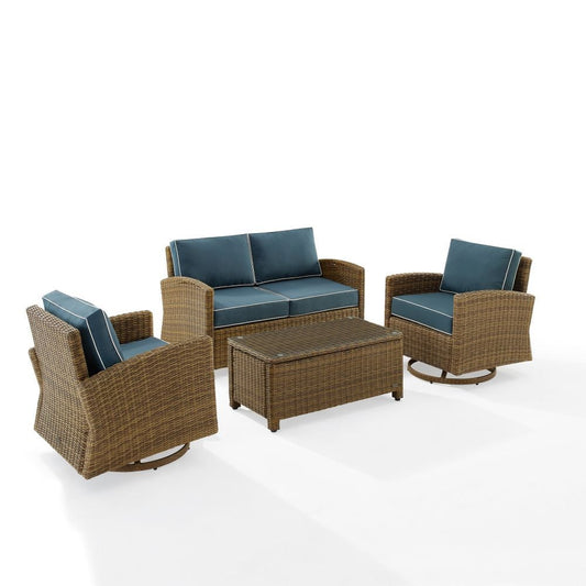 Crosley Furniture - Bradenton 4Pc Swivel Rocker Conversation Set Navy/Weathered Brown - Coffee Table, Loveseat, & 2 Swivel Rockers