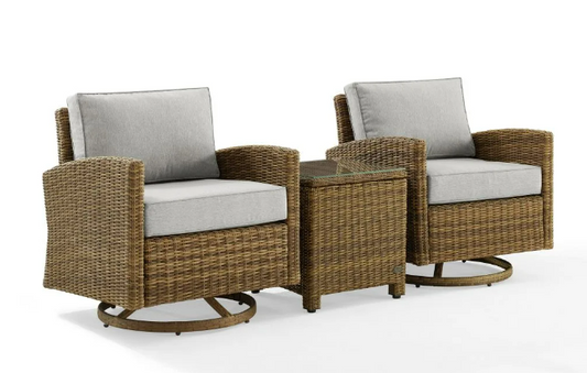 Crosley Furniture - Bradenton 3Pc Outdoor Wicker Swivel Rocker Chair Set Gray/Weathered Brown - Side Table & 2 Swivel Rockers