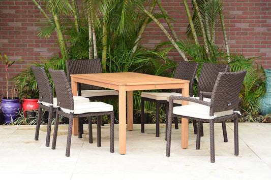 Amazonia Outdoor Teak Dining Set Amazonia Wilshire 7 Piece Rectangular Eucalyptus Patio Dining set | Teak Finish and Brown Wicker Chairs with cushions| Durable and Ideal for Indoors and Outdoors